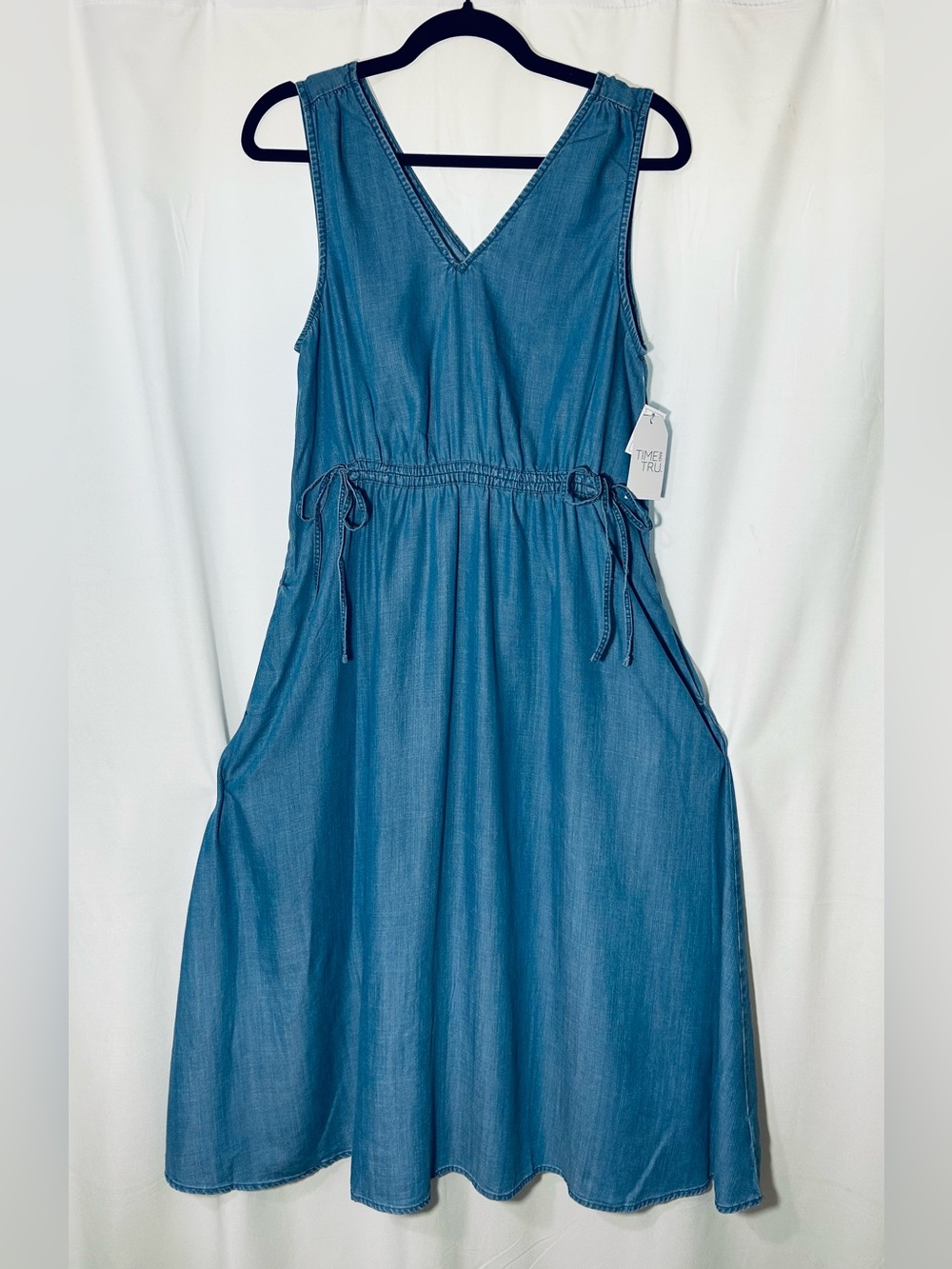Blue Denim-Effect V-Neck Midi Dress Sz S